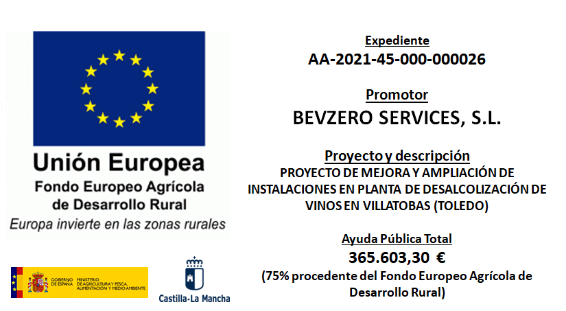 European Union grant plaque for BevZero Spain’s wine dealcoholization plant in Villatobas, Toledo