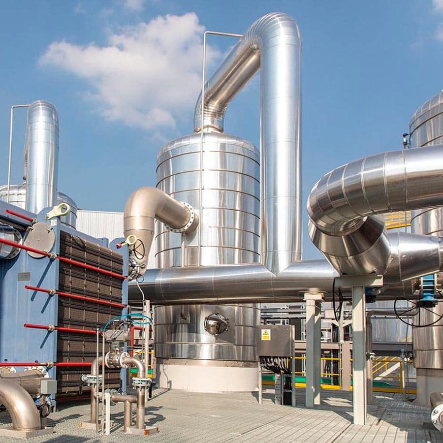 Advanced stainless steel dealcoholization equipment for wine, used in beverage production at BevZero facilities.